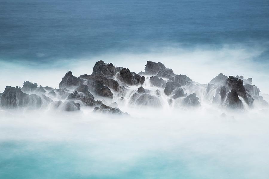 Mist on the sea - photo of sea waves hitting stones - Madeira, Portugal ...