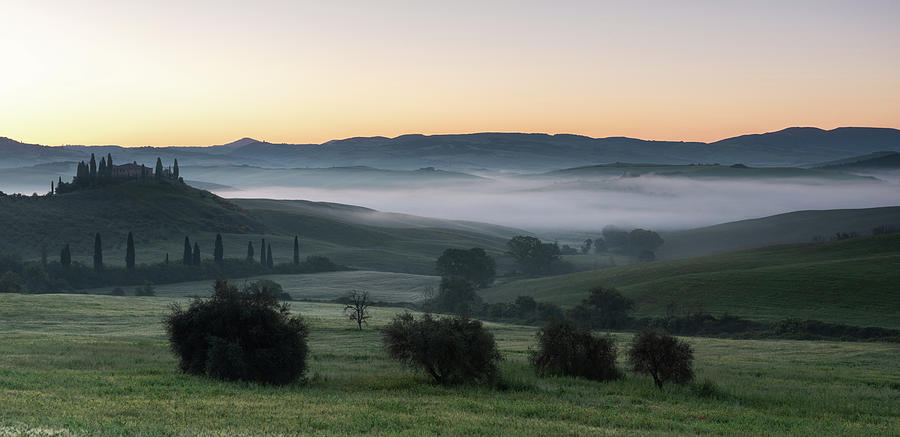 Mist over the Belvedere, Val DOrcia, Tuscany, Italy Photograph by Sarah Howard