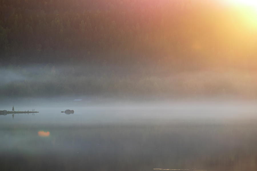 Mists rising from a forest lake are illuminated by the seting su Photograph by Ulrich Kunst And Bettina Scheidulin