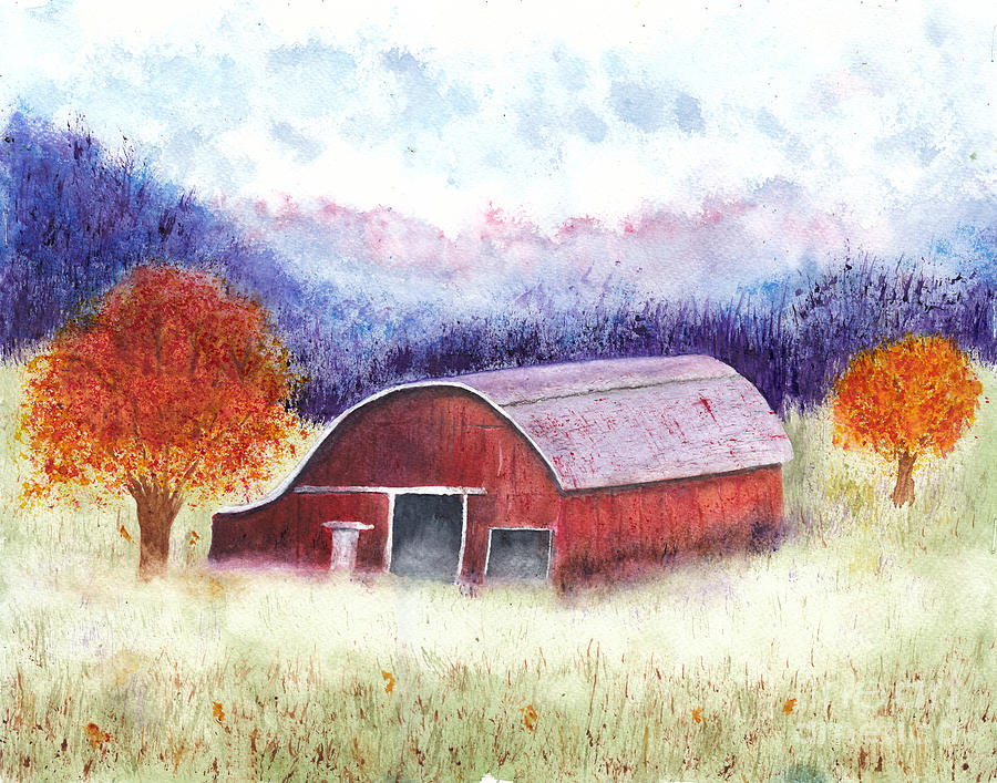 Misty Autumn Evening on the Farm Painting by Conni Schaftenaar