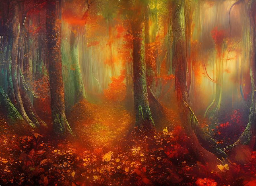 Misty Autumn Forest Digital Art by Beverly Read