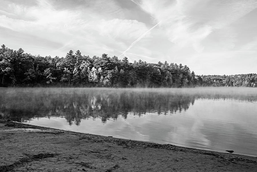 Misty Autumn Morning on Walden Pond in Concord Massachusetts Fall Foliage Red Leaves Reflection BW Photograph by Toby McGuire