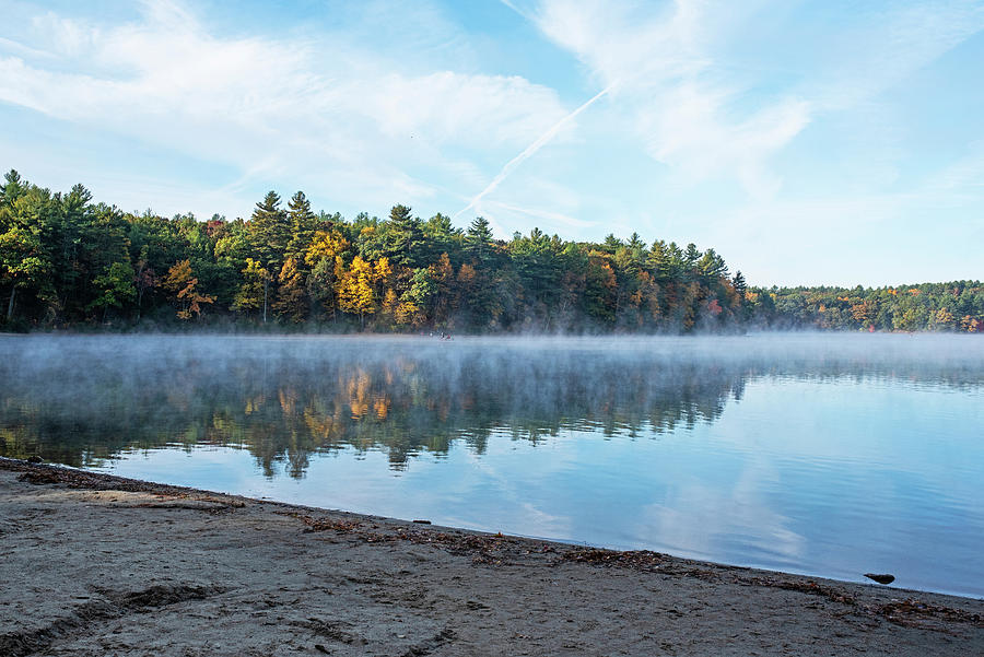Fall Photograph - Misty Autumn Morning on Walden Pond in Concord Massachusetts Fall Foliage Red Leaves Reflection by Toby McGuire