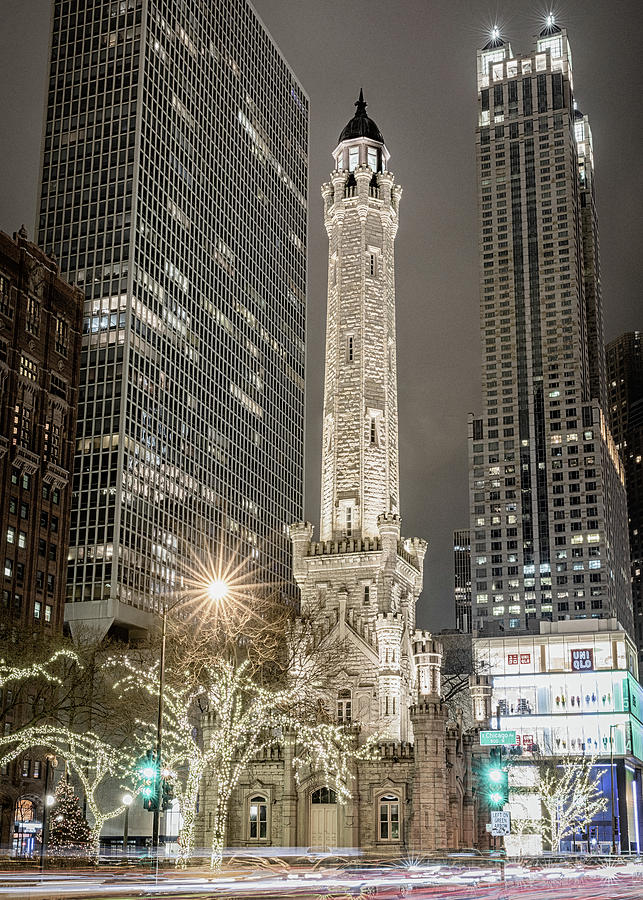 Chicago Photograph - Misty Evening at Chicagos Water Tower by Stephen Stookey