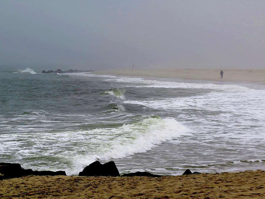 Misty Figure on the Cape May Beach in Winter Photograph by Linda Stern