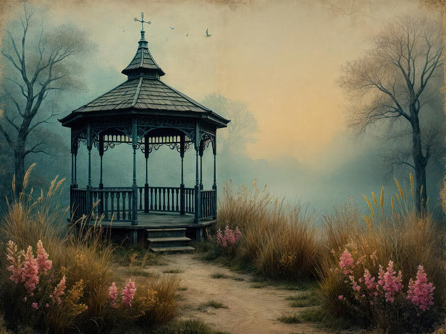 Misty Garden Gazebo Ai Art by Kim Hojnacki Misty Garden Gazebo Ai Art by Kim Hojnacki