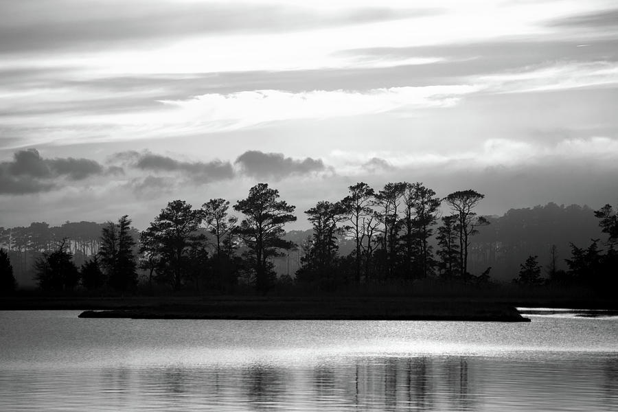 Misty Island of Assawoman Bay Black and White Photograph by Bill Swartwout