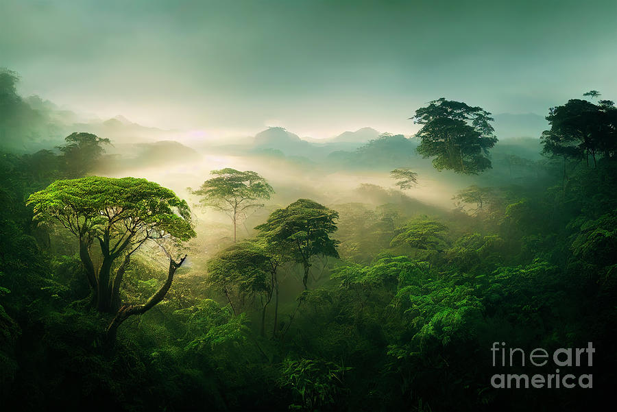 Misty jungle rainforest from above in the morning. Tropical fore Photograph by Jelena Jovanovic