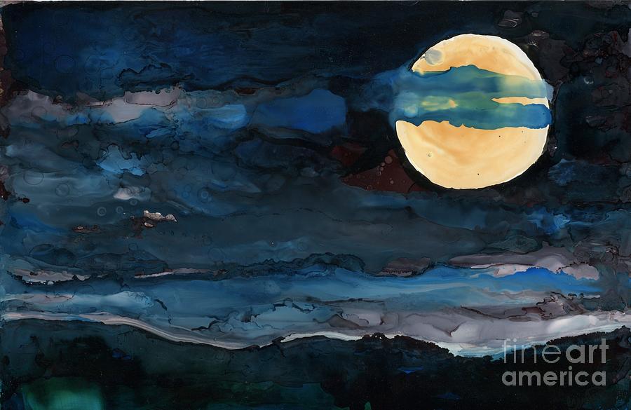 Landscape Painting - Misty Moon and Mountains by Geneva Dehkurdi