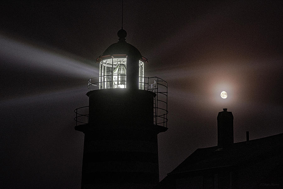 Misty Moon at West Quoddy Head Lighthouse Photograph by Marty Saccone