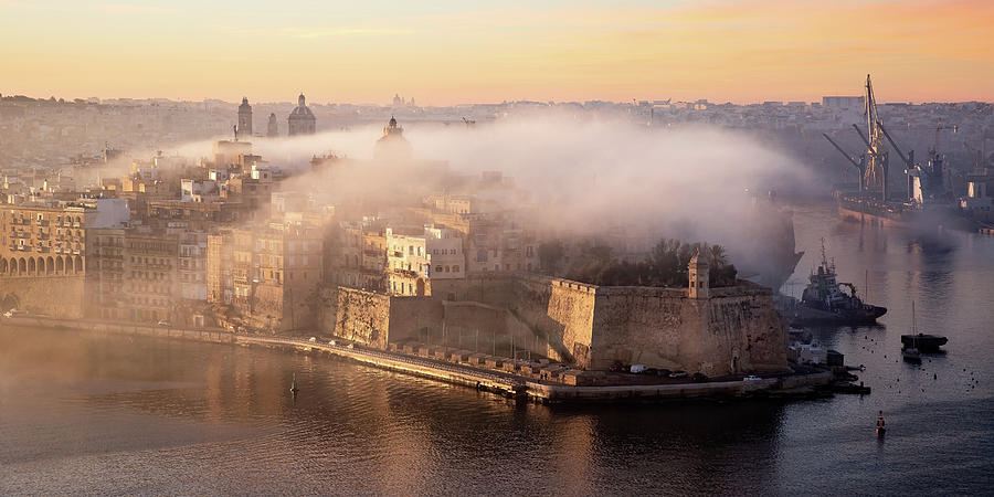 Landscape Photograph - Misty Morning at the Port of Valetta by Barry O Carroll