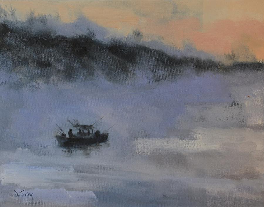 Misty Morning Fisherman at Smith Mountain Lake Painting by Donna Tuten