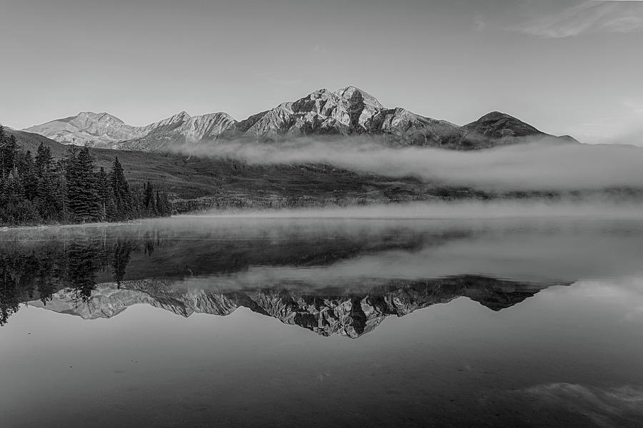 Misty Morning on Pyramid Lake Pyramid Mountain Jasper National Park Alberta Canada Black and White Photograph by Toby McGuire
