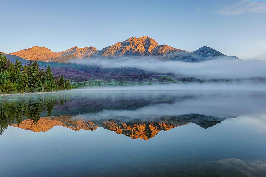 Misty Morning on Pyramid Lake Pyramid Mountain Jasper National Park Alberta Canada Photograph by Toby McGuire