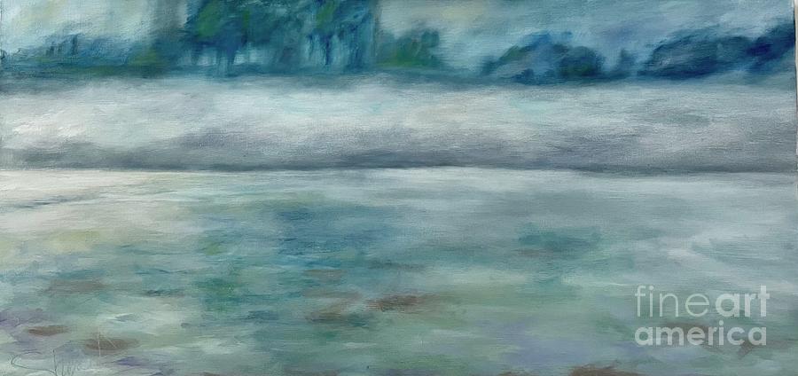 Misty Morning Walk along the Lake Painting by Sherri Dauphinais