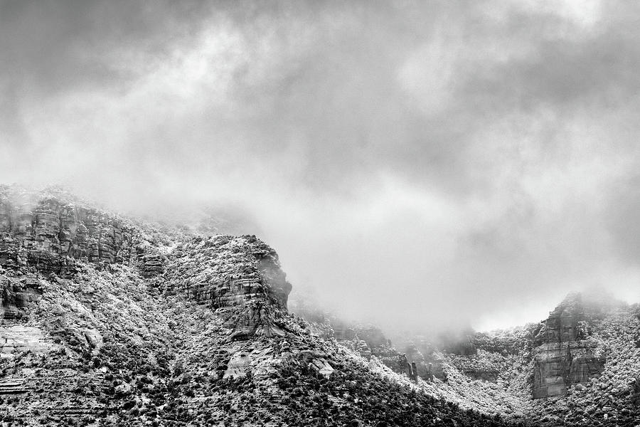 Black And White Photograph - Misty Mountaintop in Sedona Arizona by Good Focused