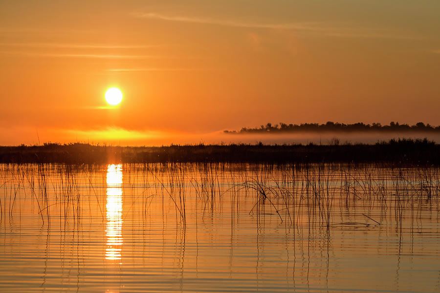 Sunset Photograph - Misty Orange Sunrise on Boy Lake by Patti Deters