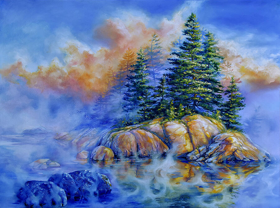 Misty Rock Island Sunrise Painting