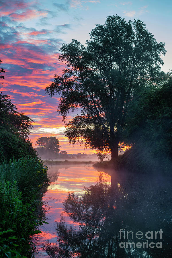 Spring Photograph - Misty Spring Red Sunrise on the Oxford Canal by Tim Gainey