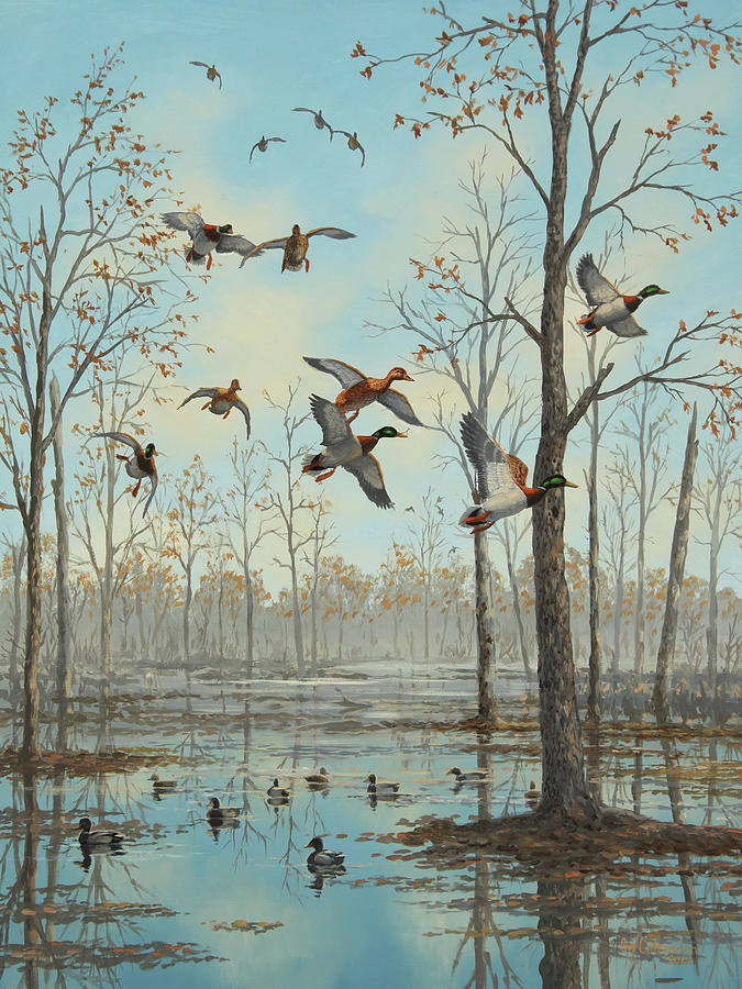 Misty Swamp Mallards Painting by Guy Crittenden