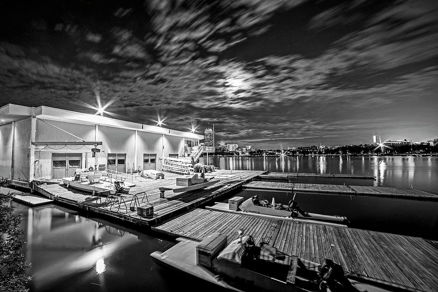 Mit Sailing Pavilion Boston Ma Charles River At Night Full Moon Black and White Photograph by Toby McGuire