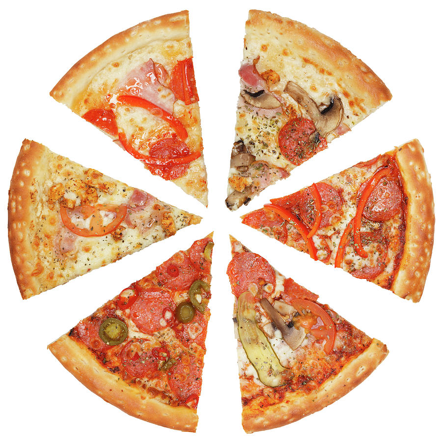 Mix of six different pizzas isolated on white background. Photograph by ...