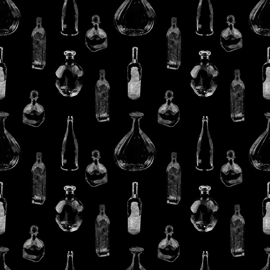 Mixed bottles repeating pattern white on black Photograph by Karen Foley
