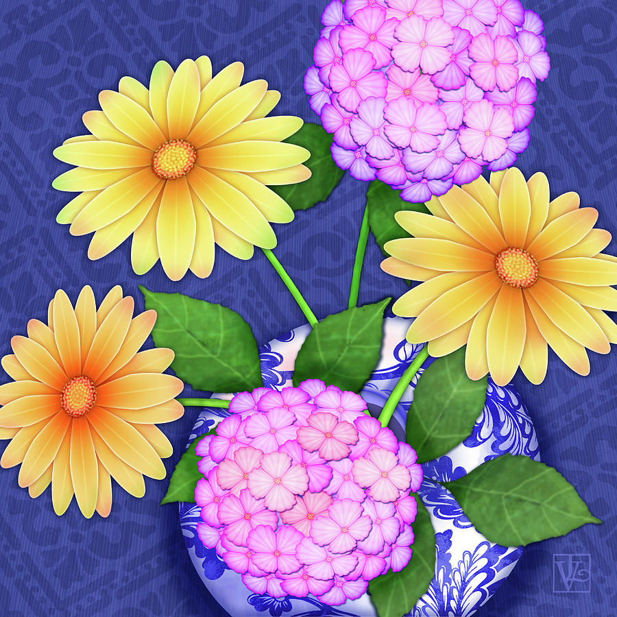Mixed Flowers in Blue and White Vase Digital Art by Valerie Drake Lesiak