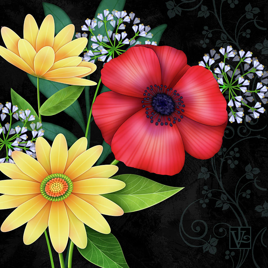 Flower Digital Art - Mixed Flowers on Black by Valerie Drake Lesiak