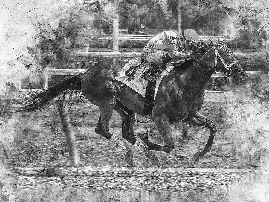 Artist Digital Art - Mixed Media Horse Racing Black and White by Funny4You