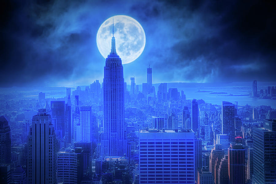 Mixed Media Manhattan NYC Empire State Deep Blue Full Moon  Photograph by Chuck Kuhn