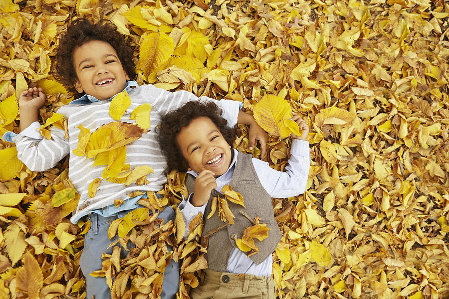 Mixed race boys laying in yellow autumn leaves Photograph by Jasper Cole