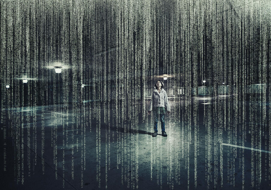 Mixed race girl standing in parking lot under raining binary code Photograph by Donald Iain Smith