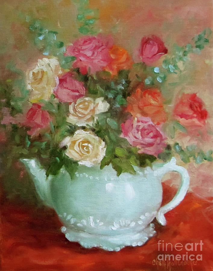 Mixed Rose Bouquet in Turquoise Vase Painting by Cheri Wollenberg