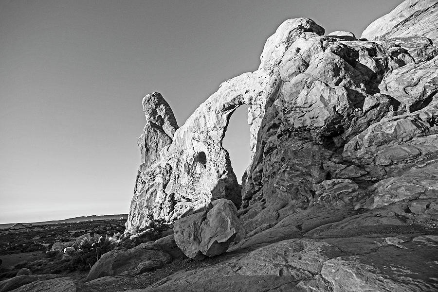 Moab Utah Arches National Park Turret Arch in the Morning Light Black and White Photograph by Toby McGuire