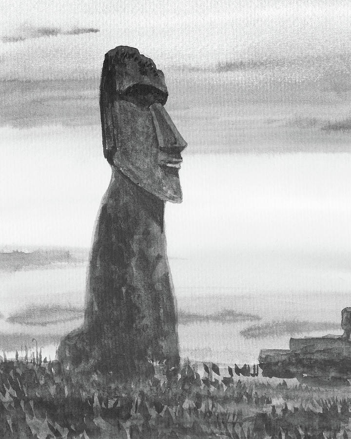 Moai Monumental Statue Easter Island Chile Gray Watercolor Painting by Irina Sztukowski