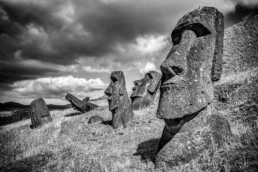 Moai Rano Raraku Easter Island Statues Rapa Nui BW Photograph by Mlenny