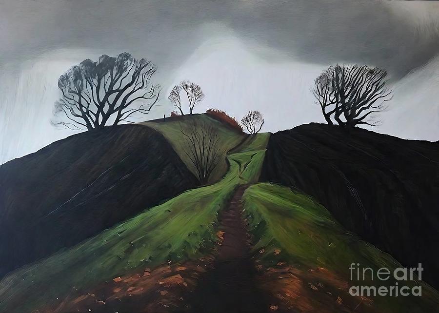 Castle Moat Painting - Moat Painting trees edgy atmospheric dark moat green grass grey green black castle moat carisbrooke castle british countryside isle of wight moody dramatic historical landscape contemporary by N Akkash