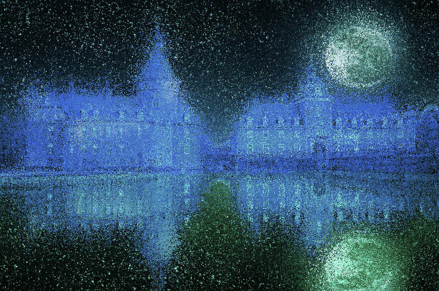 Moated castle on a moonlit night Painting by Alex Mir