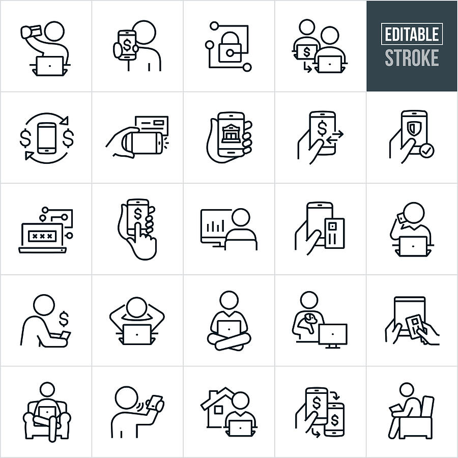 Mobile and Online Banking Thin Line Icons - Editable Stroke Drawing by Appleuzr