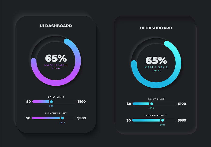 Mobile App Dashboard with Infographic Data Chart in Clean and Modern Skeuomorphism or Neumorphism 3D Style with Neon Blue and Purple Percentage Slider Drawing by Boris Panov