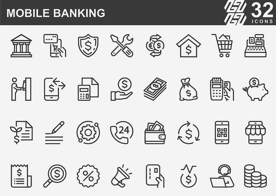 Mobile Banking Line Icons Drawing by LueratSatichob