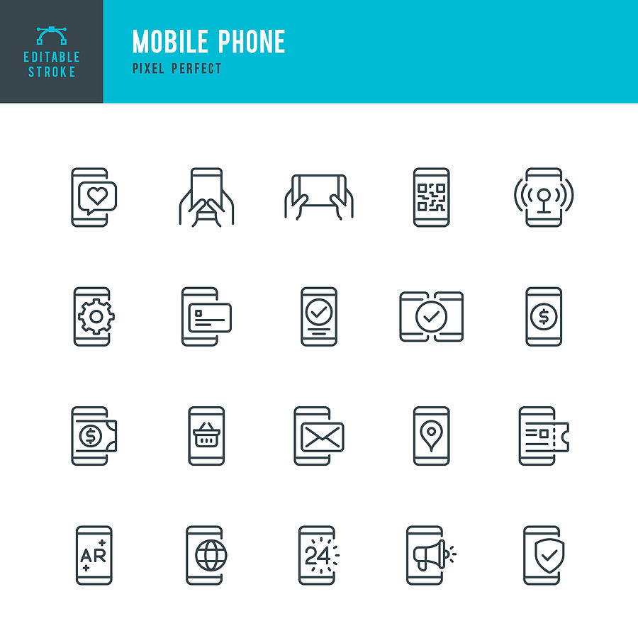 Mobile Phone - thin line vector icon set. Pixel perfect. Editable stroke. The set contains icons: Smart Phone, Contactless Payment, Mobile Payments, Augmented Reality, Online Shopping, E-Mail, QR Scaning. Drawing by Fonikum