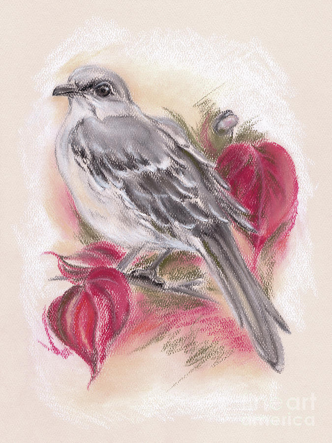 Mockingbird in Autumn Dogwood Pastel by MM Anderson