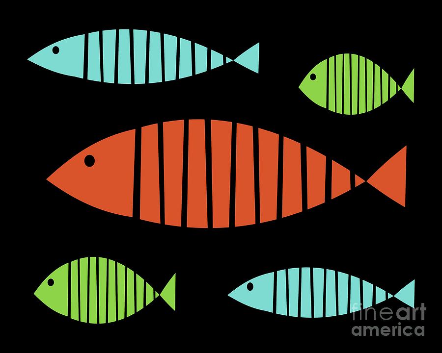 Mod Abstract Fish Orange Blue Green Digital Art by Donna Mibus