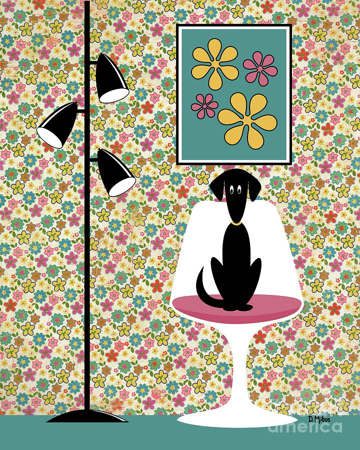 Mod Floral Wallpaper with Dog Digital Art by Donna Mibus
