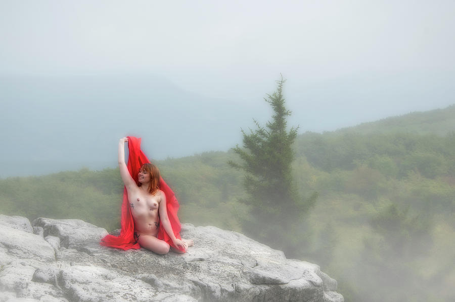 Model on rocks outdoors in the fog posing nude and topless 12 Photograph by Daniel Friend