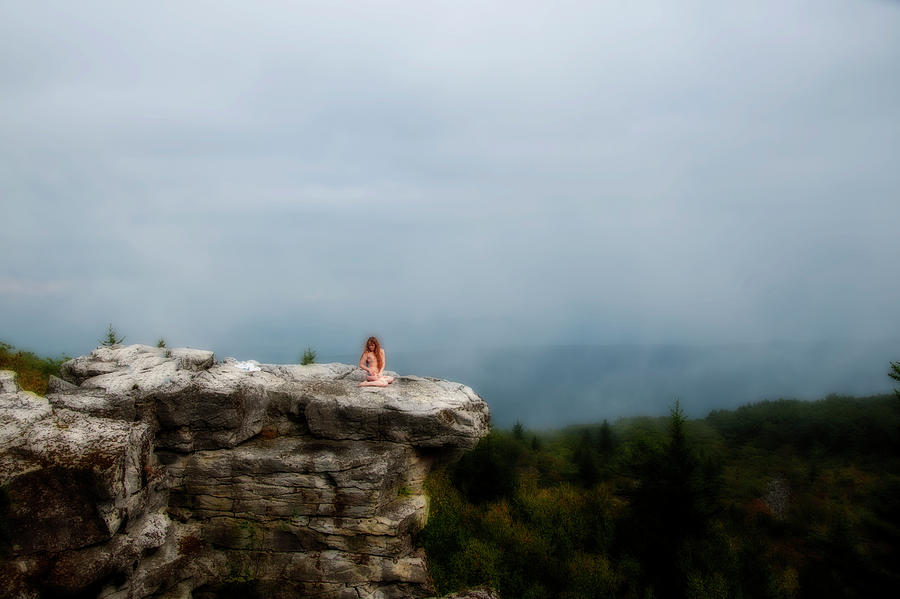 Model on rocks outdoors in the fog posing nude and topless 17 Photograph by Daniel Friend