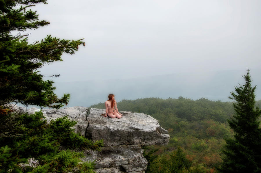 Model on rocks outdoors in the fog posing nude and topless 19 Photograph by Daniel Friend