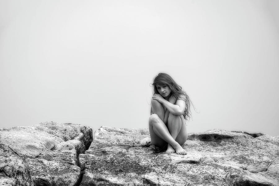 Model on rocks outdoors in the fog posing nude and topless 32 Photograph by Daniel Friend